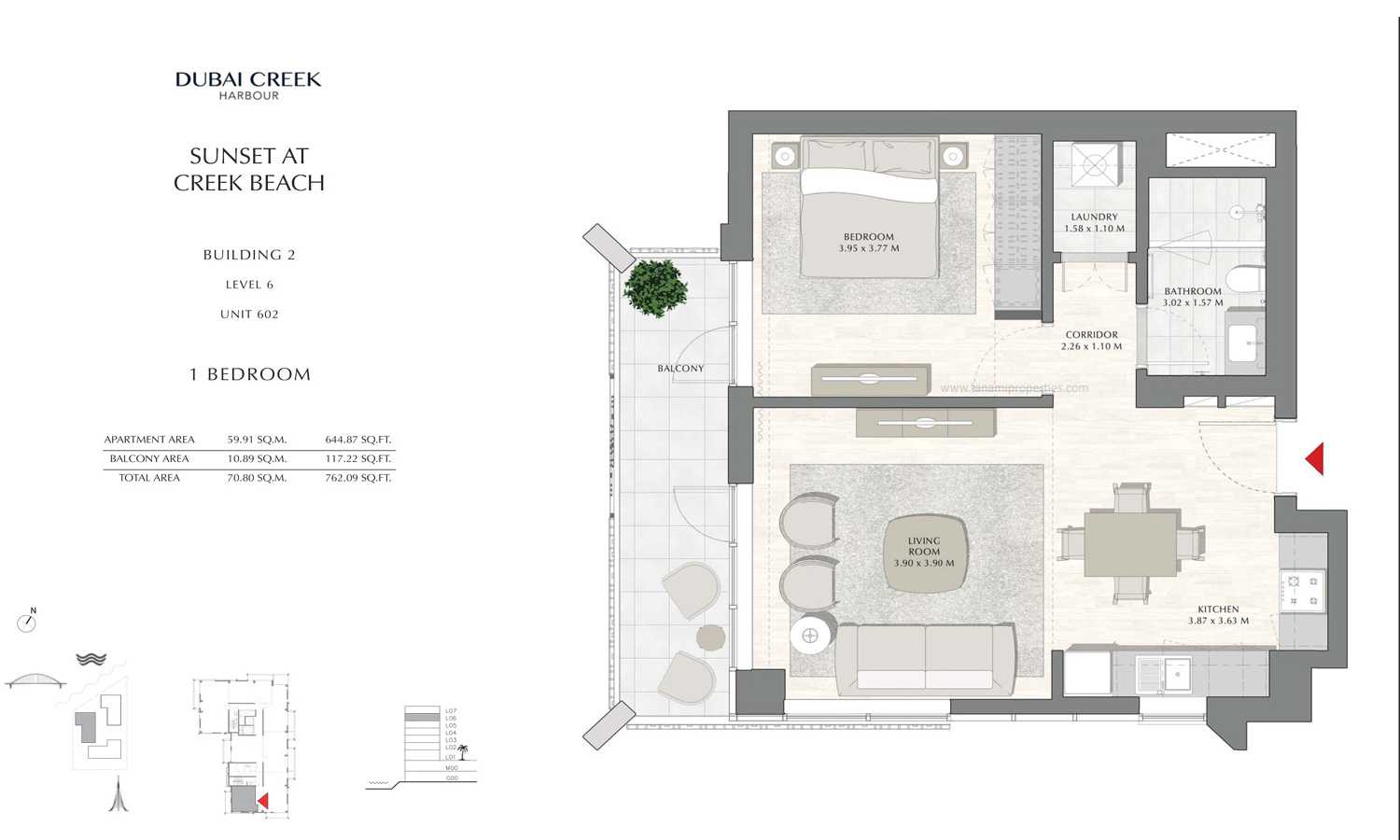 Building 2 - 1 Bedroom Level 6 Unit 602, Size 762.09 sq ft